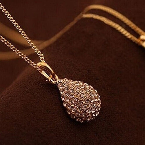 Womens Fashion Shiny Rhinestone Waterdrop Pendant Long Chain Sweater Necklace Image 4