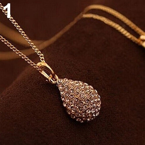 Womens Fashion Shiny Rhinestone Waterdrop Pendant Long Chain Sweater Necklace Image 1