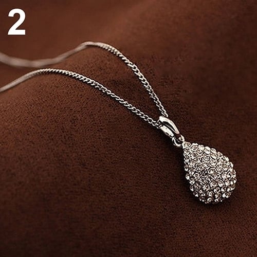 Womens Fashion Shiny Rhinestone Waterdrop Pendant Long Chain Sweater Necklace Image 1