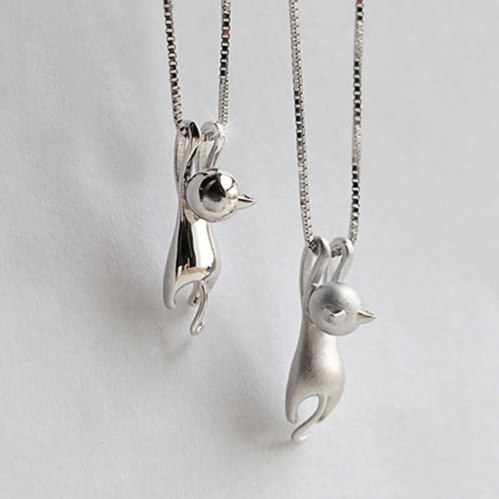 Women Cute Shiny Side/Dull Polish Hanging Cat Pendant Choker Necklace Jewelry Image 1