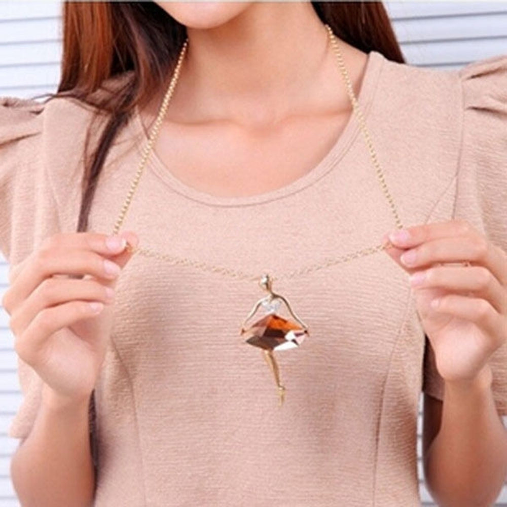 Women Fashion Rhinestone Ballet Girl Pendant Sweater Chain Necklace Jewelry Image 2