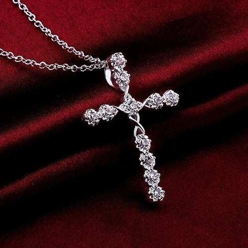 Women 925 Sterling Silver Plated Cross Zircon Pendant Necklace Chain Jewelry Image 1