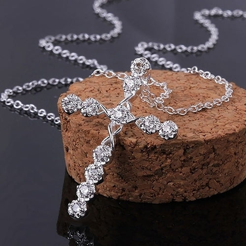 Women 925 Sterling Silver Plated Cross Zircon Pendant Necklace Chain Jewelry Image 2