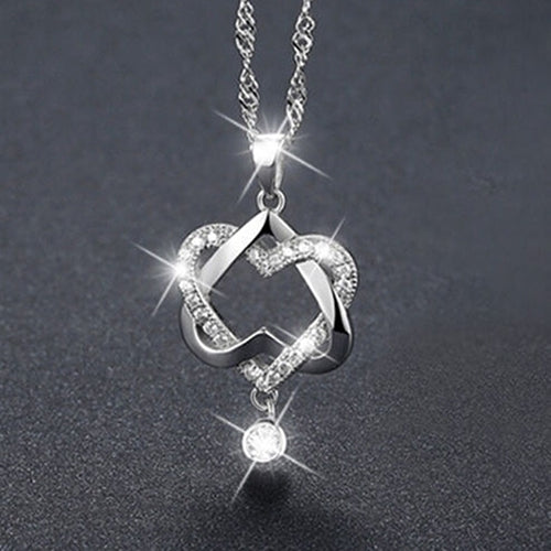 Women Fashion Silver Color Rhinestone Double Heart Pendant Chain Necklace Jewelry Image 4