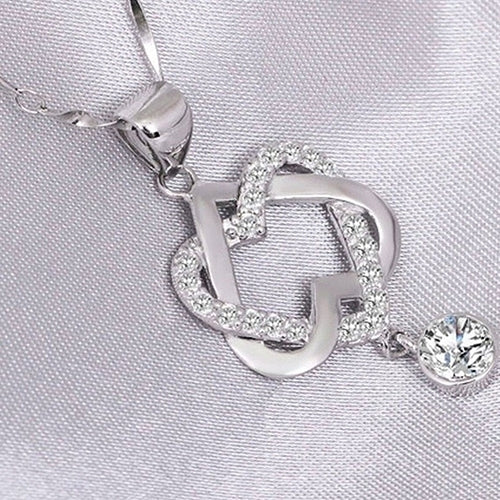 Women Fashion Silver Color Rhinestone Double Heart Pendant Chain Necklace Jewelry Image 4