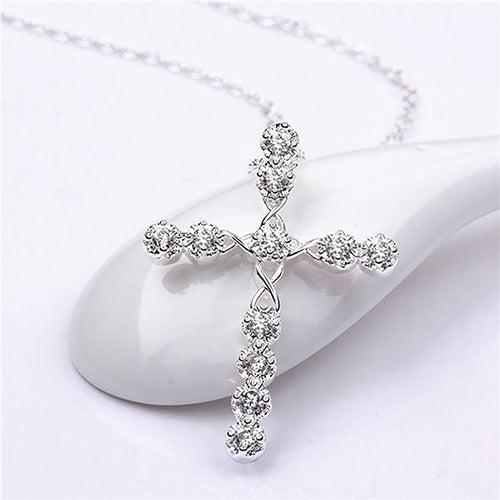 Women 925 Sterling Silver Plated Cross Zircon Pendant Necklace Chain Jewelry Image 4