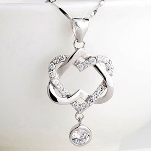 Women Fashion Silver Color Rhinestone Double Heart Pendant Chain Necklace Jewelry Image 6