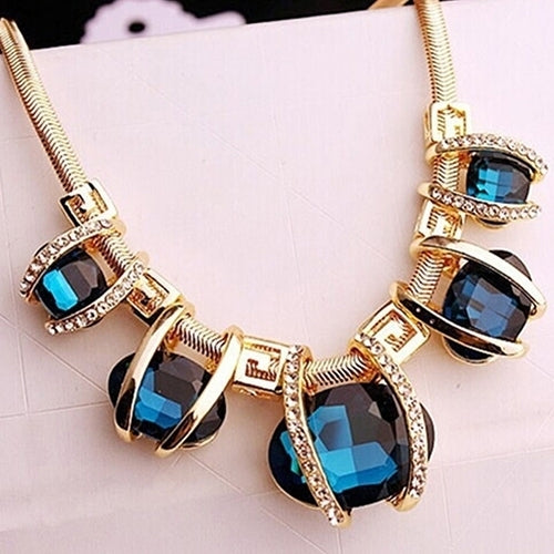 Women Fashion Shiny Pendant Chain Choker Short Statement Bib Blue Necklace Image 6