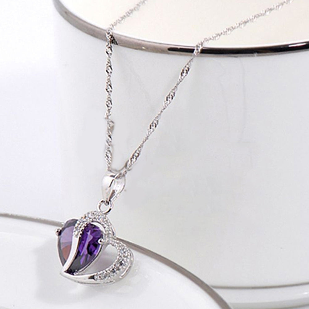 Lady Fashion Heart Shape Purple Rhinestone Pendant Necklace Jewelry Charm Gift Image 2