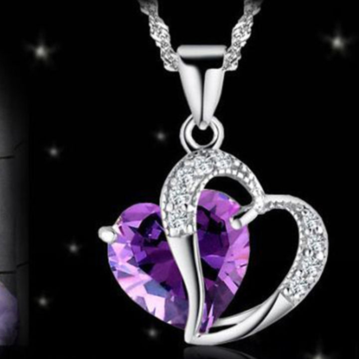 Lady Fashion Heart Shape Purple Rhinestone Pendant Necklace Jewelry Charm Gift Image 4