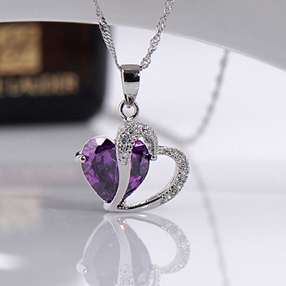 Lady Fashion Heart Shape Purple Rhinestone Pendant Necklace Jewelry Charm Gift Image 7