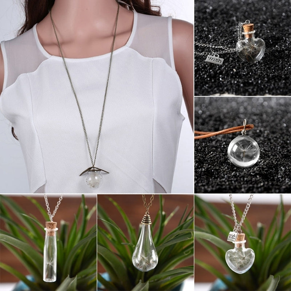 Unisex Dried Dandelion Bow-knot Pendant Glass Wish Bottle Long Chain Necklace Image 12