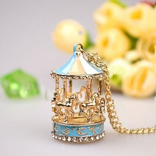 Sweet Enamel Carousel Merry Go Round Horse Charm Pendant Sweater Chain Necklace Image 1