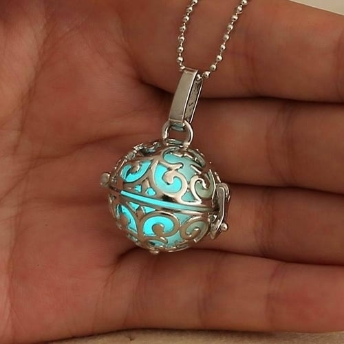 Womens Hollow Ball Night Light Pendant Necklace Alloy Chain Glow Dangle Jewelry Image 2