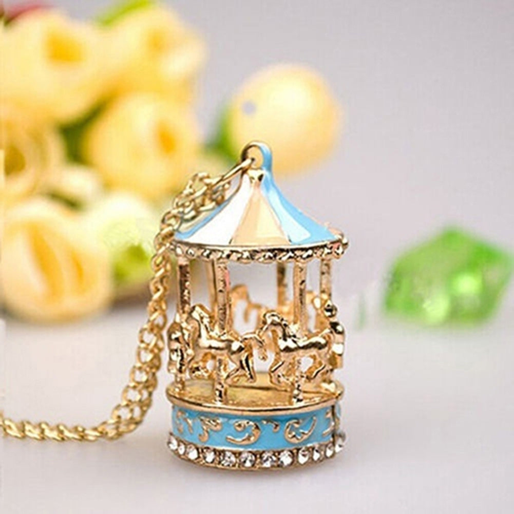 Sweet Enamel Carousel Merry Go Round Horse Charm Pendant Sweater Chain Necklace Image 4