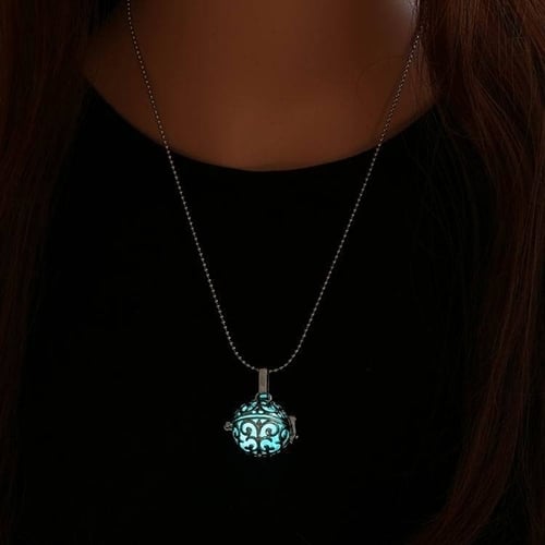 Womens Hollow Ball Night Light Pendant Necklace Alloy Chain Glow Dangle Jewelry Image 4