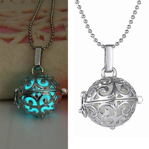 Womens Hollow Ball Night Light Pendant Necklace Alloy Chain Glow Dangle Jewelry Image 4