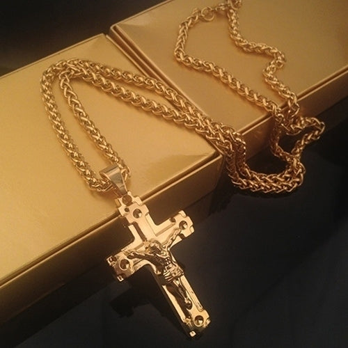 Mens Fashion Jewelry Jesus Cross Pendant Cuban Chain Necklace Sweater Chain Image 1