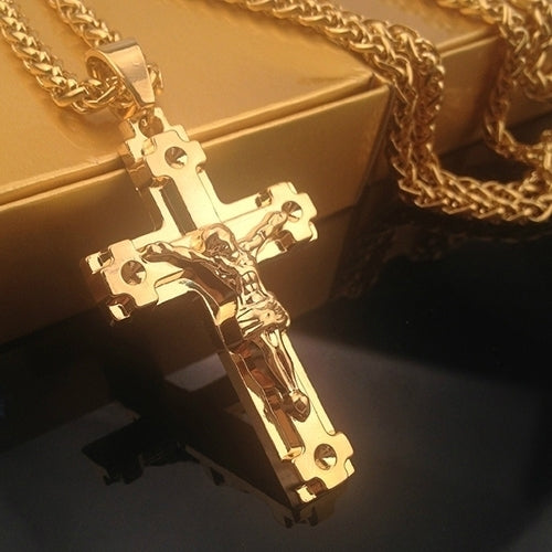 Mens Fashion Jewelry Jesus Cross Pendant Cuban Chain Necklace Sweater Chain Image 2