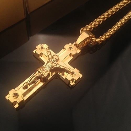 Mens Fashion Jewelry Jesus Cross Pendant Cuban Chain Necklace Sweater Chain Image 3