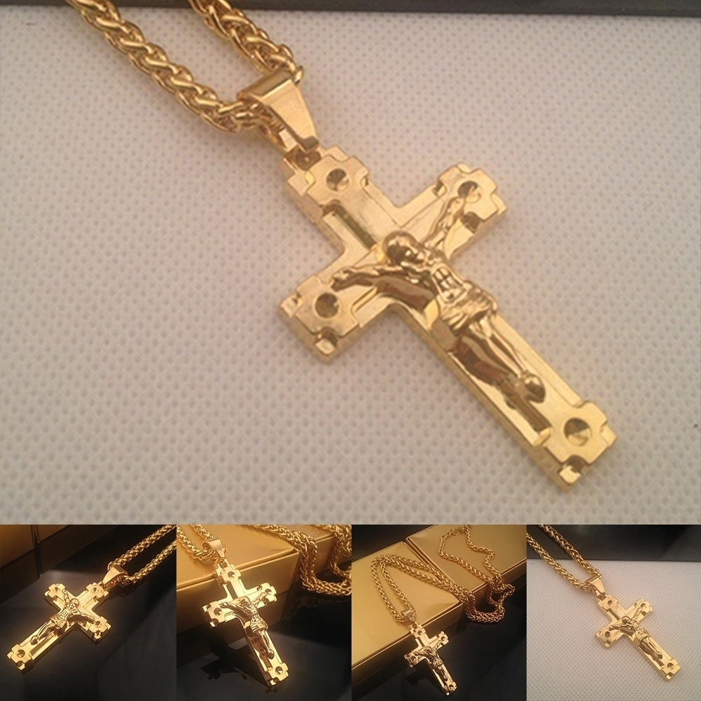 Mens Fashion Jewelry Jesus Cross Pendant Cuban Chain Necklace Sweater Chain Image 4