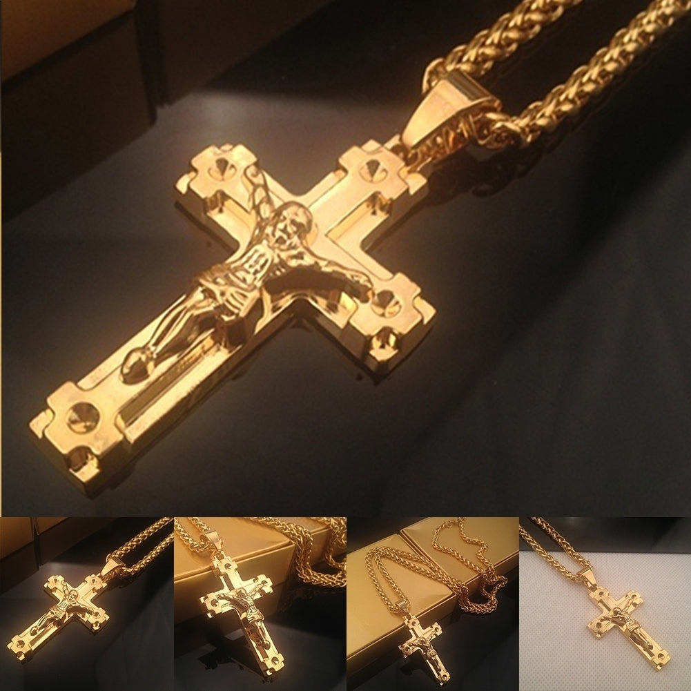 Mens Fashion Jewelry Jesus Cross Pendant Cuban Chain Necklace Sweater Chain Image 6