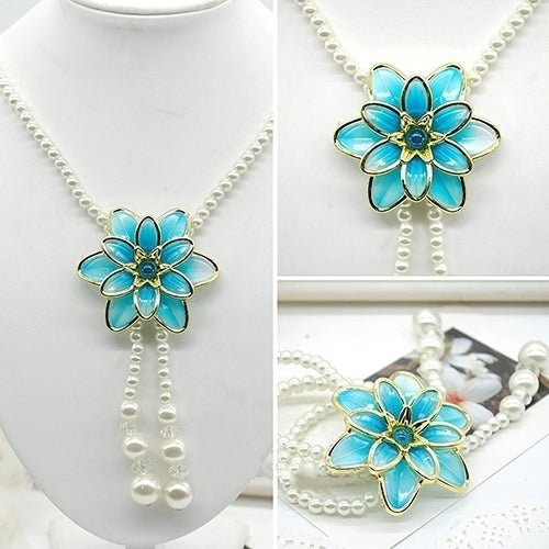 Womens Fashion Jewelry Flower Pendant Faux Pearl Tassels Necklace Sweater Chain Image 1