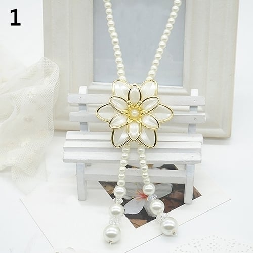 Womens Fashion Jewelry Flower Pendant Faux Pearl Tassels Necklace Sweater Chain Image 3