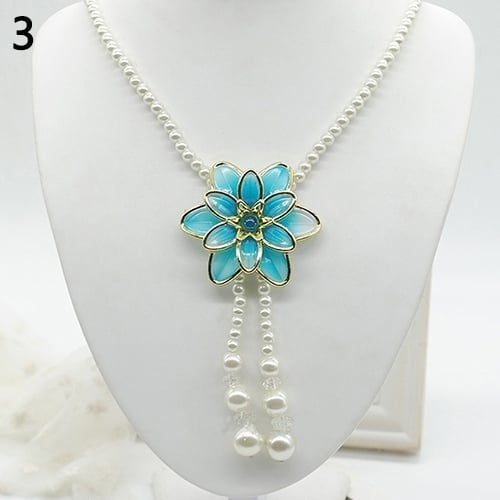 Womens Fashion Jewelry Flower Pendant Faux Pearl Tassels Necklace Sweater Chain Image 4