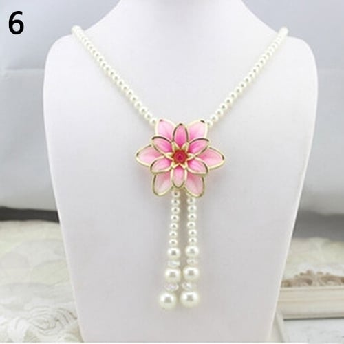 Womens Fashion Jewelry Flower Pendant Faux Pearl Tassels Necklace Sweater Chain Image 8