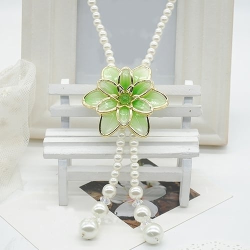 Womens Fashion Jewelry Flower Pendant Faux Pearl Tassels Necklace Sweater Chain Image 10