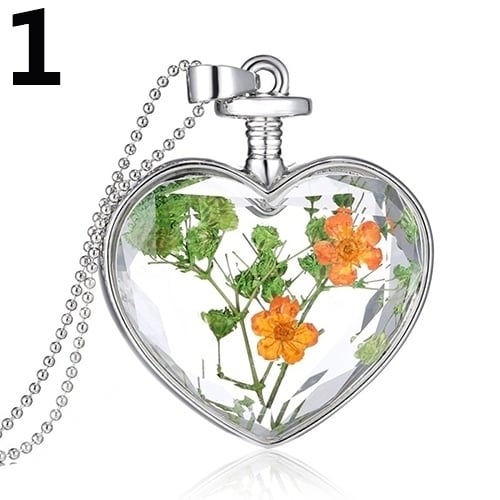 Fashion Women Dried Flower Glass Heart Love Locket Pendant Necklace Jewelry Image 3