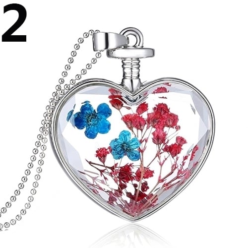 Fashion Women Dried Flower Glass Heart Love Locket Pendant Necklace Jewelry Image 4