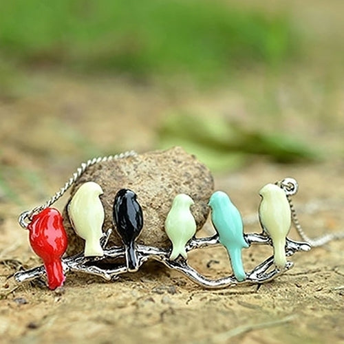 Cute Animal Lovely Pendant Six Birds On Branch Women Long Jewelry Chain Necklace Image 2