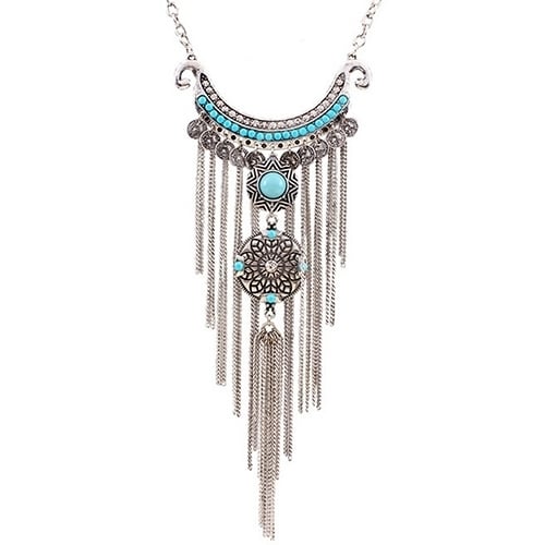 Women Bohemian Turquoise Long Tassels Pendant Necklace Alloy Choker Chain Image 1