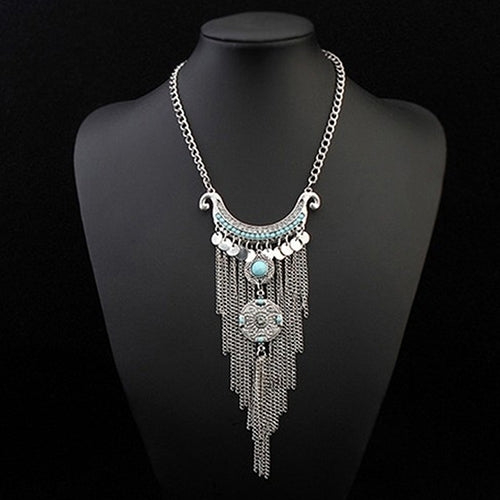 Women Bohemian Turquoise Long Tassels Pendant Necklace Alloy Choker Chain Image 2