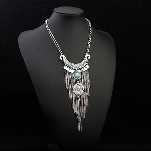 Women Bohemian Turquoise Long Tassels Pendant Necklace Alloy Choker Chain Image 3