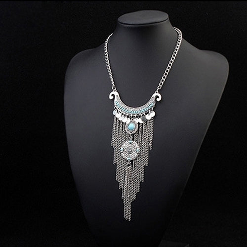 Women Bohemian Turquoise Long Tassels Pendant Necklace Alloy Choker Chain Image 4