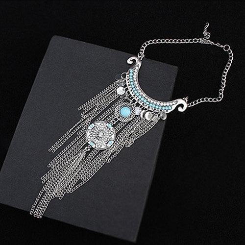 Women Bohemian Turquoise Long Tassels Pendant Necklace Alloy Choker Chain Image 4