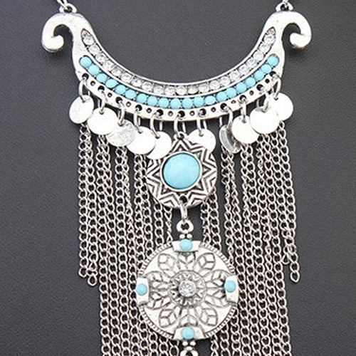 Women Bohemian Turquoise Long Tassels Pendant Necklace Alloy Choker Chain Image 7