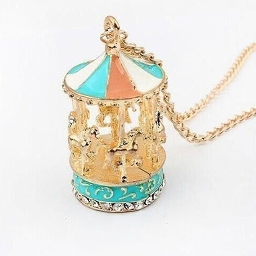 Enamel Carousel Merry Go Round Horse Charm Pendant Sweater Alloy Chain Necklace Image 2