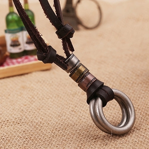 Fashion Men Retro Faux Leather Cord Double Circle Ring Pendant Necklace Gift Image 1