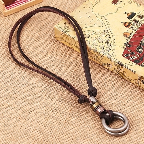 Fashion Men Retro Faux Leather Cord Double Circle Ring Pendant Necklace Gift Image 4