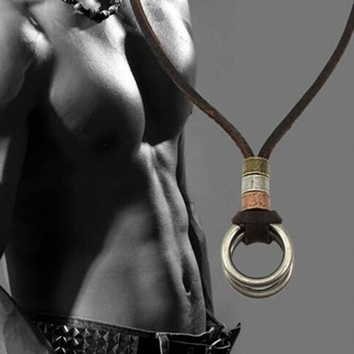 Fashion Men Retro Faux Leather Cord Double Circle Ring Pendant Necklace Gift Image 4