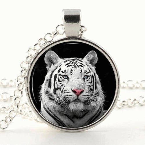 1Pc Womens White Tiger Cabochon Glass Pendant Necklace Long Coat Chain Jewelry Image 1