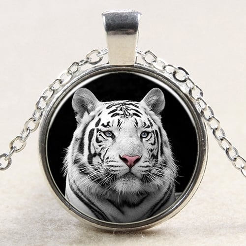 1Pc Womens White Tiger Cabochon Glass Pendant Necklace Long Coat Chain Jewelry Image 2