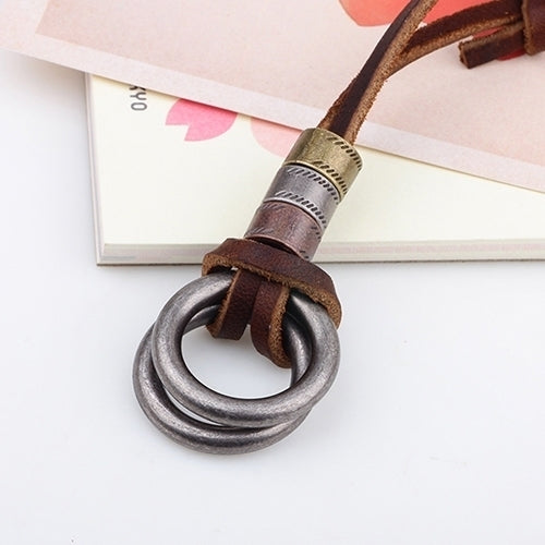 Fashion Men Retro Faux Leather Cord Double Circle Ring Pendant Necklace Gift Image 10