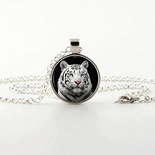 1Pc Womens White Tiger Cabochon Glass Pendant Necklace Long Coat Chain Jewelry Image 3