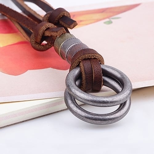 Fashion Men Retro Faux Leather Cord Double Circle Ring Pendant Necklace Gift Image 11