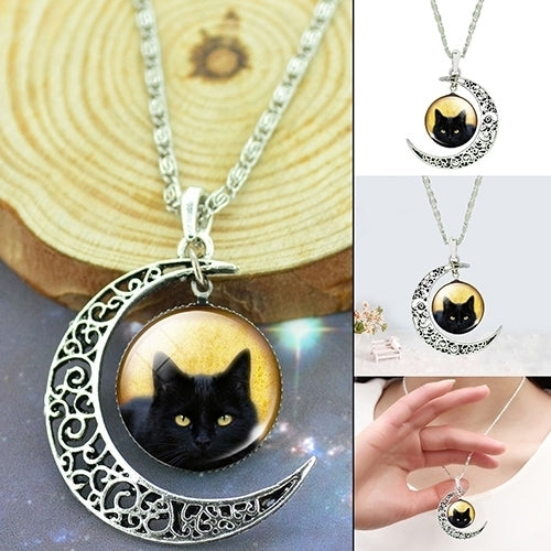 Womens Hollow Crescent Black Cat Glass Pendant Link Chain Necklace Jewelry Image 1